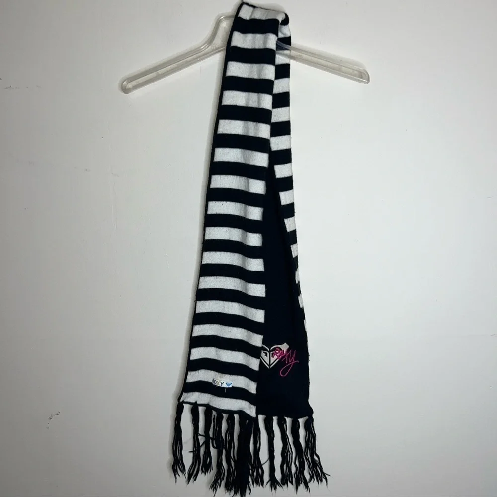 Roxy Black and White Striped Fringed Scarf with Pink Embroidered Logo